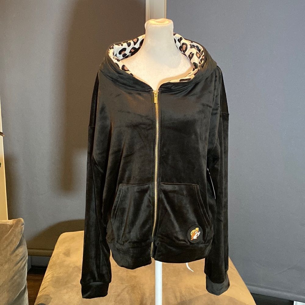 Women’s Buc-ee’s Velour Hoodie Black with Leopard Print in Hood Size L NWT